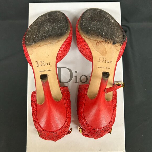 Christian Dior Soft Lady Dior Red Leather Woven Peep Toe Heels Shoes 37.5 7.5 - Picture 9 of 12